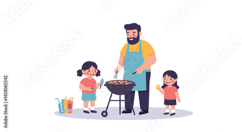 Father grilling outdoors with children during family gathering  