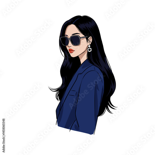 Stylish woman with long hair wearing sunglasses  