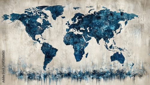 World map, distressed, abstract, blue, textured