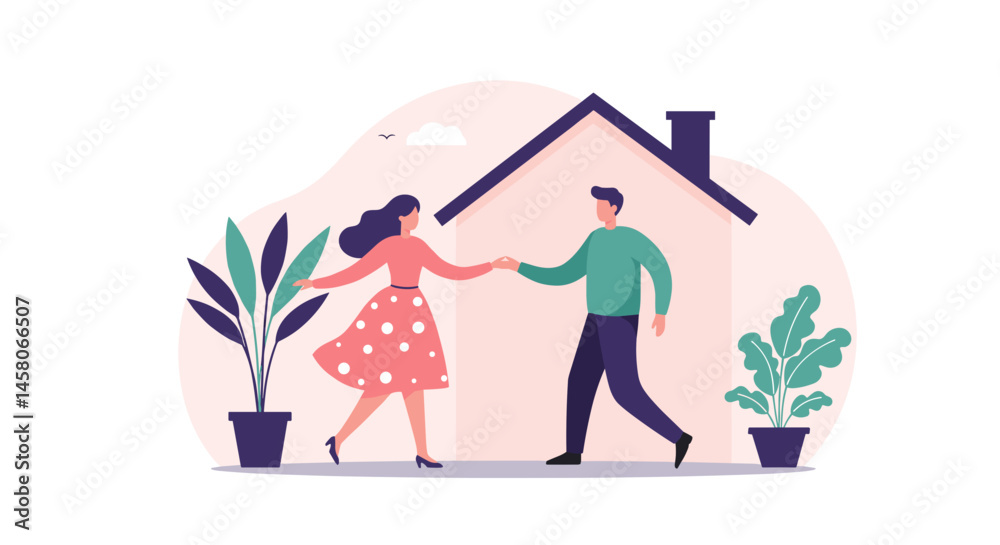 Couple dancing joyfully at home with plants in the background Couple dancing joyfully at home with plants in the background