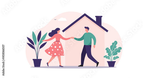 Couple dancing joyfully at home with plants in the background  