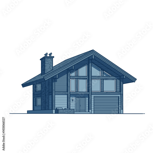 Chalet-style house illustration in blue color scheme  