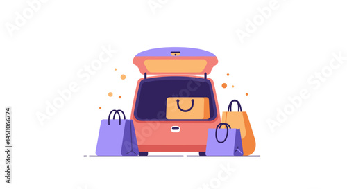 Car trunk filled with shopping bags against a minimalistic background  
