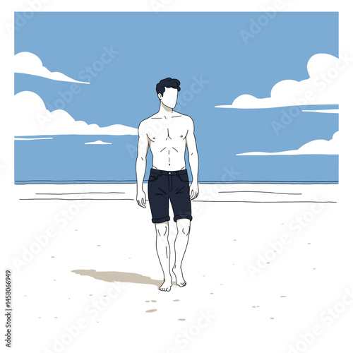 Man walking barefoot on the beach with a clear blue sky  