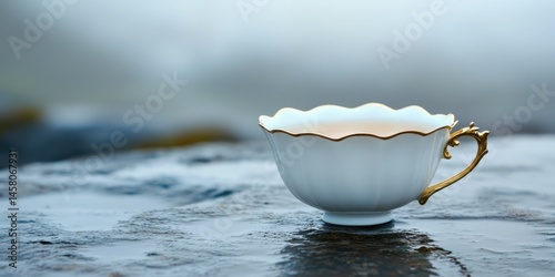 A pristine bone china teacup with scalloped gold edges, standing on a glossy wet stone surface beneath a softly overcast sky.