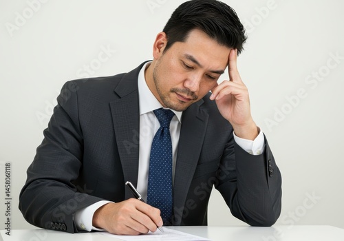 A man in a suit is sitting at a desk writing with his hand on his forehead looking thoughtful or stressed
