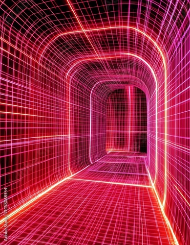 Futuristic Tunnel, Red Neon Grid, Virtual Space Corridor, Cyberpunk Pathway, Glowing Digital Tunnel, Sci-Fi Grid Design, Abstract Light Tunnel, Technology Corridor, Geometric Space, Pink and Red Lines