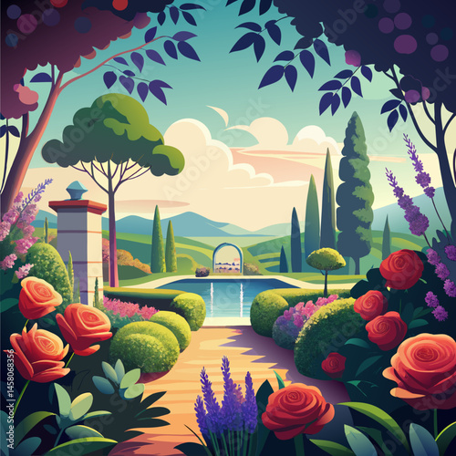 Serene Garden Landscape with Roses and Fountain