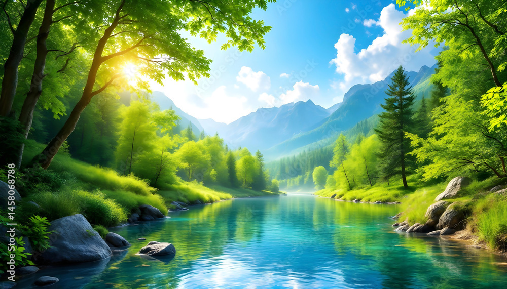 Obraz premium Serene landscapes with forest reflection and mountain backdrops offer quiet adventure and fresh air