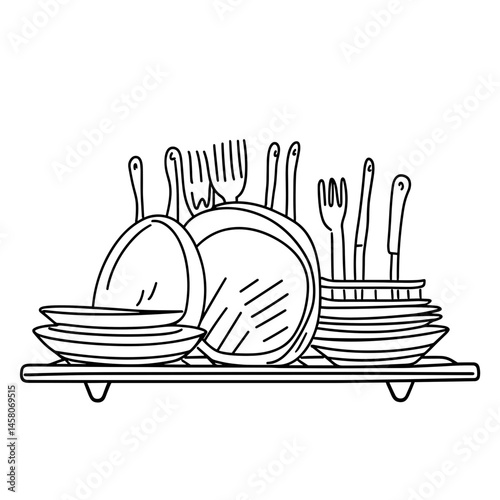 Dish rack with clean plates and utensils in minimalistic style  
