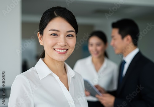 A smiling asian businesswoman posing in front of her colleagues in an office setting at daytime