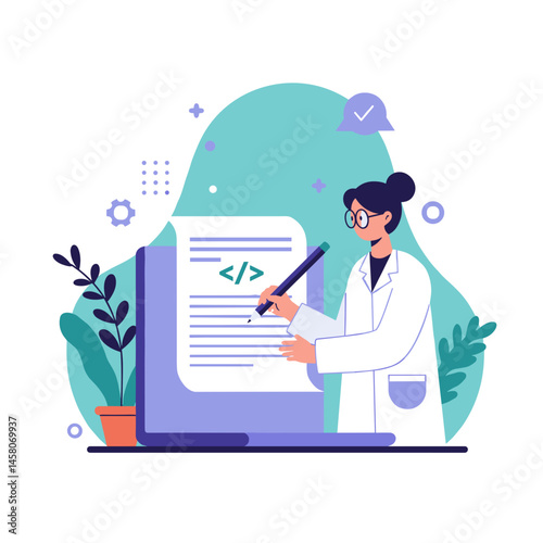 Female Scientist Writing Code on Laptop with Green Background  