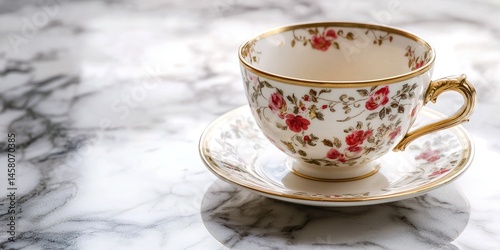 An antique bone china teacup with floral patterns and gold accents, sitting on a marble surface glistening with moisture.