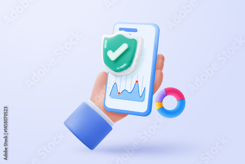 3D mobile phone with shield security icon for online shopping, online payment with protection. Application safety using a smartphone concept. 3d mobile phone safety vector icon render illustration