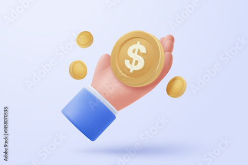 3d icon money coin transfer of finance and investment in holding hand, online payment, bundles cash and coins exchange. income wealth concepts. 3d currency change icon signs vector render illustration