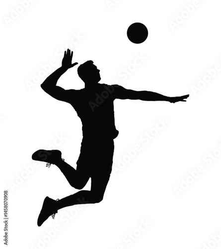 Male volley ball athlete jumping to spike ball side view black silhouette.