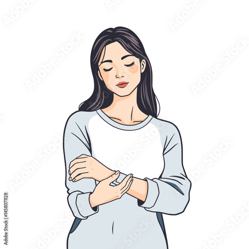 Woman in contemplation with crossed arms against a plain background  