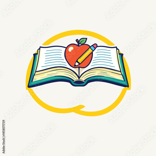 Educational Symbol with Open Book, Apple, and Pencil in Yellow Circle – Perfect for Learning, Teaching, and School-Related Design