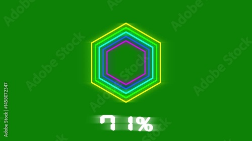 Seven rainbow colors neon glowing hexagon circle loading 6 bar on dark green screen background.