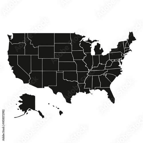 Wallpaper Mural United States Map Silhouette Detailed Black Vector with State Borders on White Background Torontodigital.ca