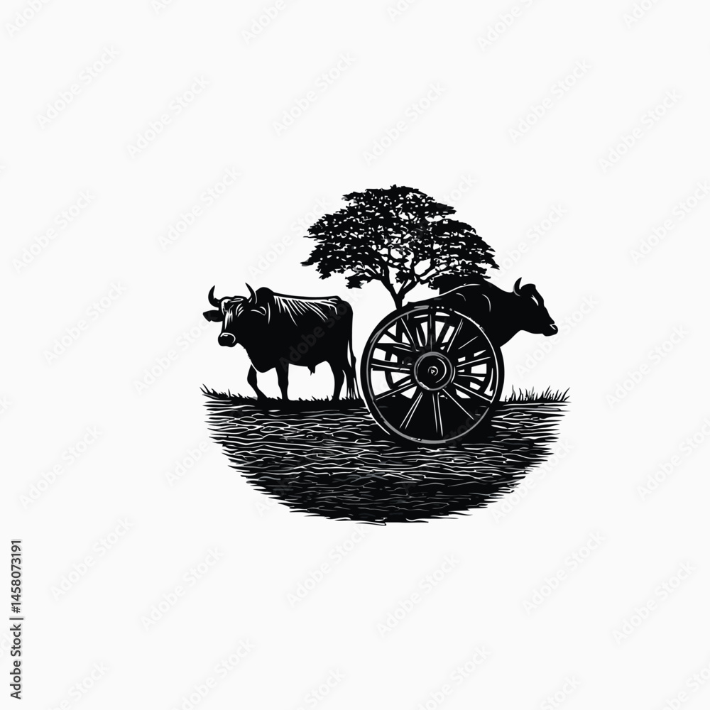 Fototapeta premium Traditional Oxen and Wooden Wheel Scene with Tree in Black and White – Perfect for Cultural, Farming, and Heritage-Inspired Designs