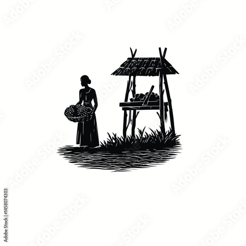 Silhouette of a Vendor at a Traditional Market Stall with Baskets of Produce – Perfect for Rural Commerce and Cultural Illustrations