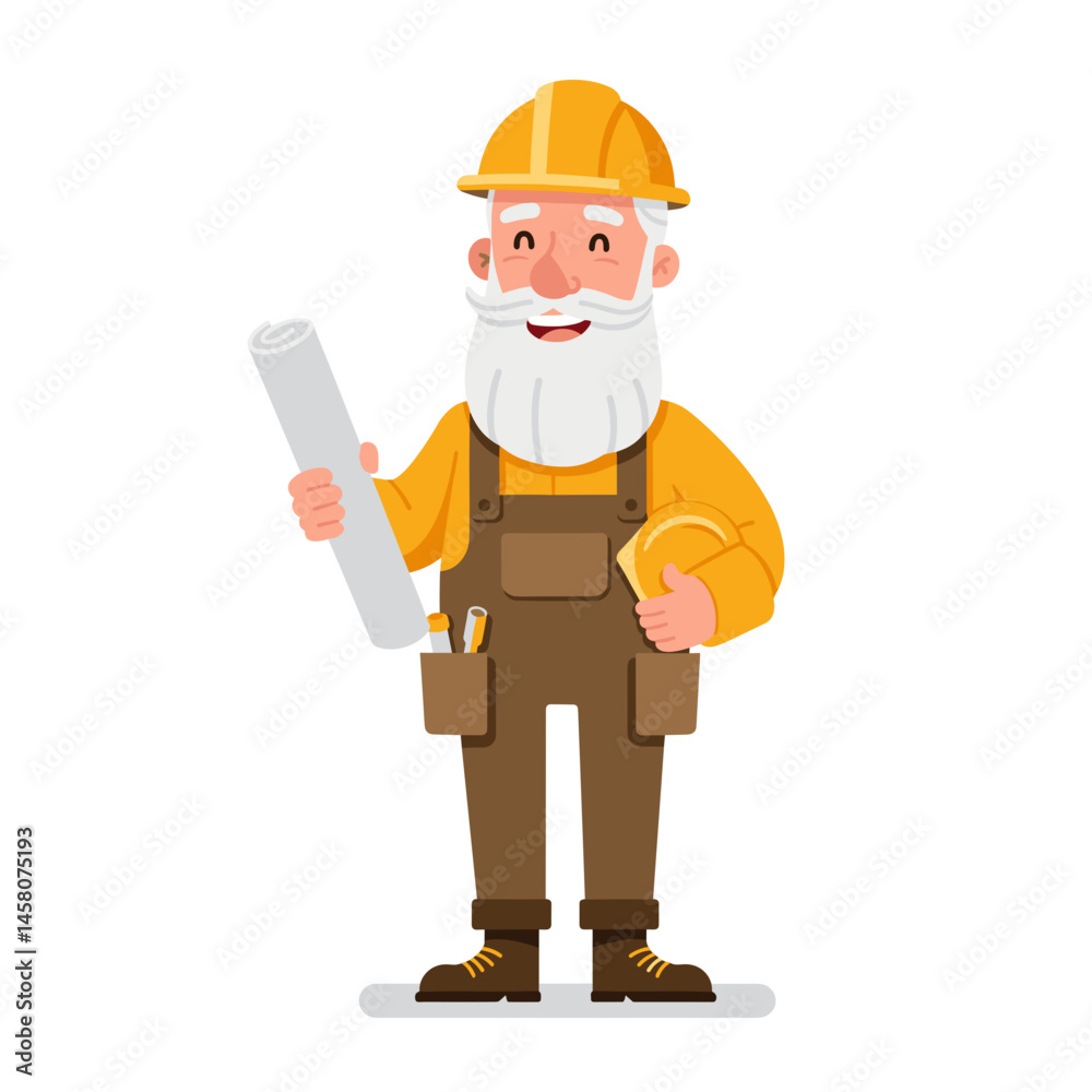 Senior builder smiling with blueprints and tools on a white background Senior builder smiling with blueprints and tools on a white background