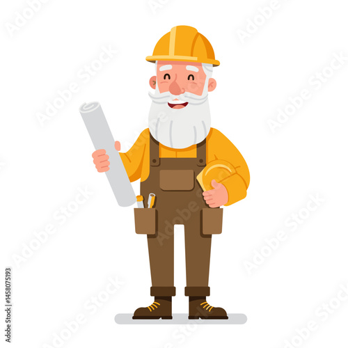 Senior builder smiling with blueprints and tools on a white background  