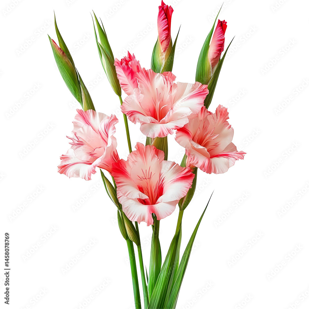 Naklejka premium Delicate bouquet of pink and transparent gladiolus flowers isolated on a transparent background, Bouquet of gladiolus flowers, isolated on transparent background
