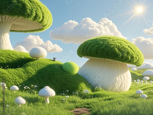 Surreal fluffy texture meadow with cotton candy clouds, giant green-white fusion mushroom in 3D rendered fantasy environment, artistic dreamscape, soft fabric landscape, imaginative nature scene