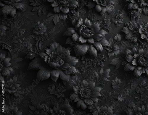 Wallpaper Mural Deep black floral wallpaper, luxurious textures & intricate patterns  , petals, vintage Torontodigital.ca