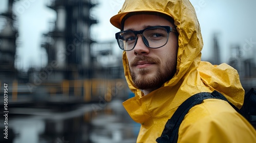 A young male engineer in a yellow raincoat stands at an industrial refinery plant on a cloudy day.