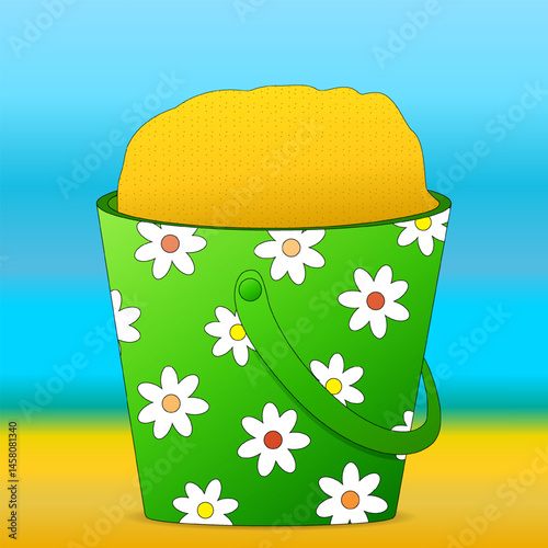 Summer vector illustration of child green sand bucket decorated with daisies on sunny beach background such as sand, sea, sky. Children game. Perfect for summertime, beach, and outdoor designs.