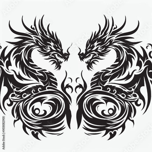 "Silhouette of a flying dragon with outstretched wings and long tail, fierce fantasy vector design