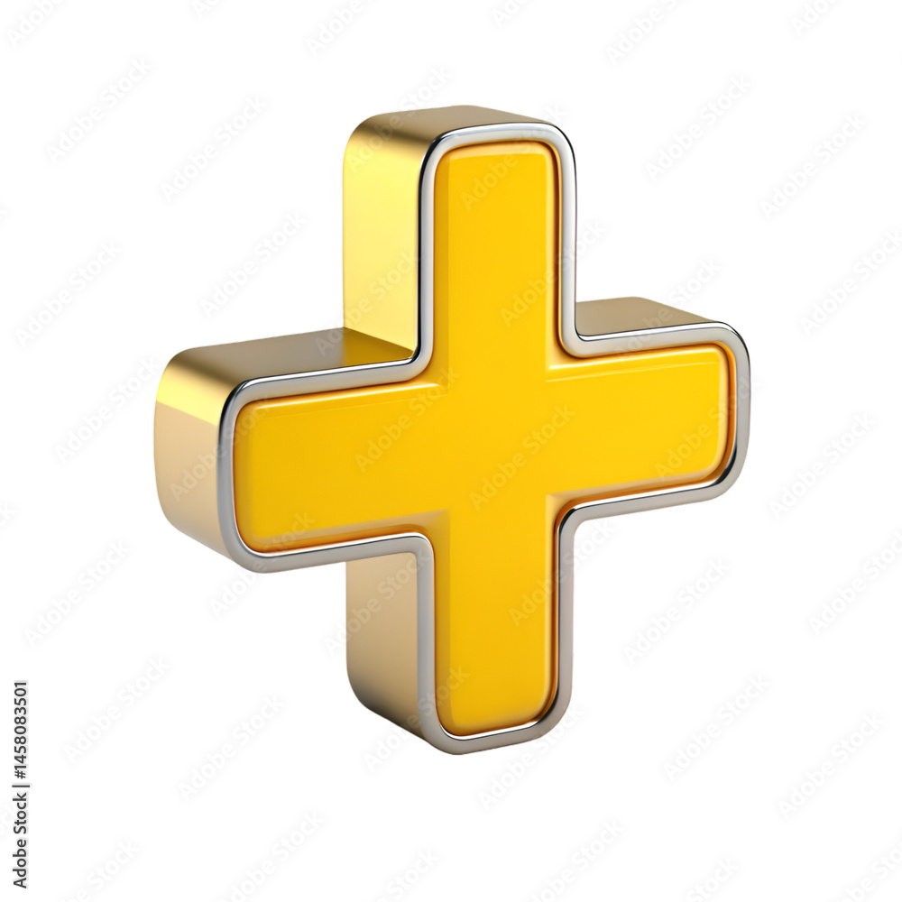 Obraz premium Yellow plus sign 3d isolated on white background