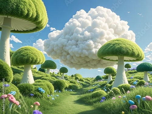Surreal fluffy texture meadow with cotton candy clouds, giant green-white fusion mushroom in 3D rendered fantasy environment, artistic dreamscape, soft fabric landscape, imaginative nature scene