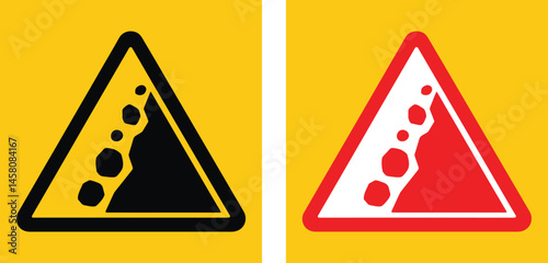 Landslide warning sign with falling rocks symbol on yellow background. Ideal for road hazard alerts, geological danger zones, and construction safety signage in mountainous or unstable areas.