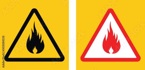 Fire hazard warning signs with flame symbols on yellow background. Used in industrial safety zones, chemical areas, and flammable material storage for risk prevention