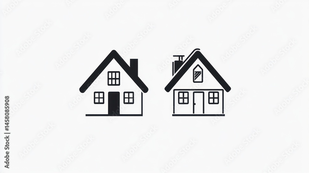 Two stylized home icons, comparison, different roof design Two stylized home icons, comparison, different roof design