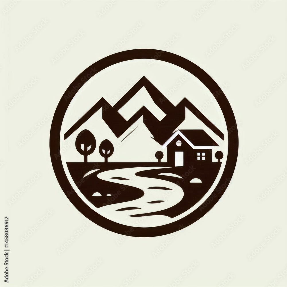 Tranquil river flowing through scenic mountains serene landscape nature illustration rustic home view