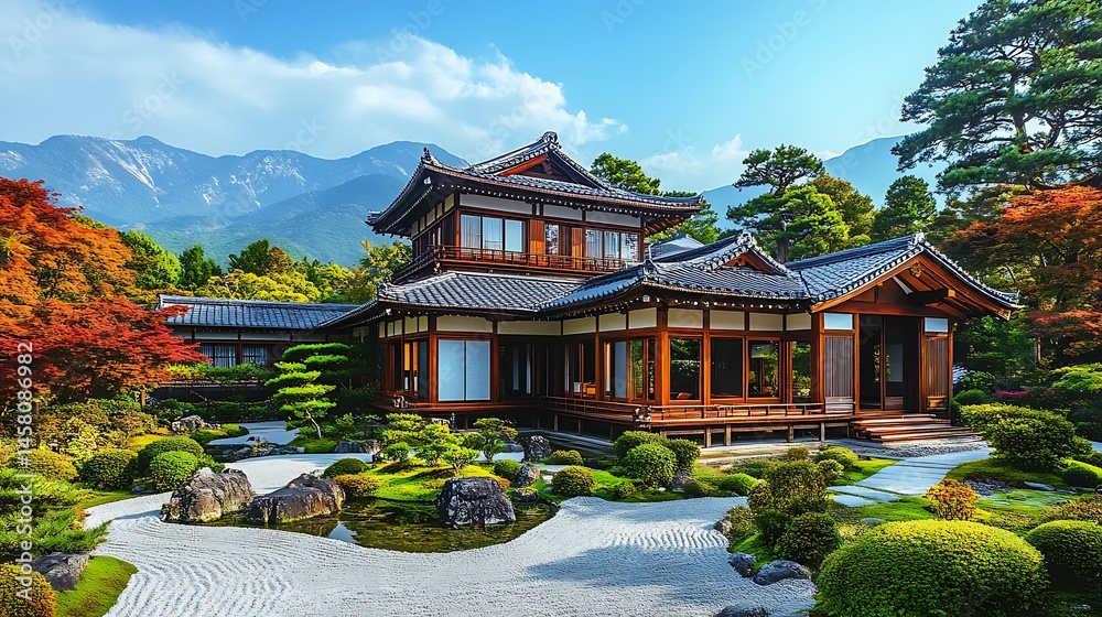 Obraz premium Traditional Japanese house with mountain backdrop high resolution picture
