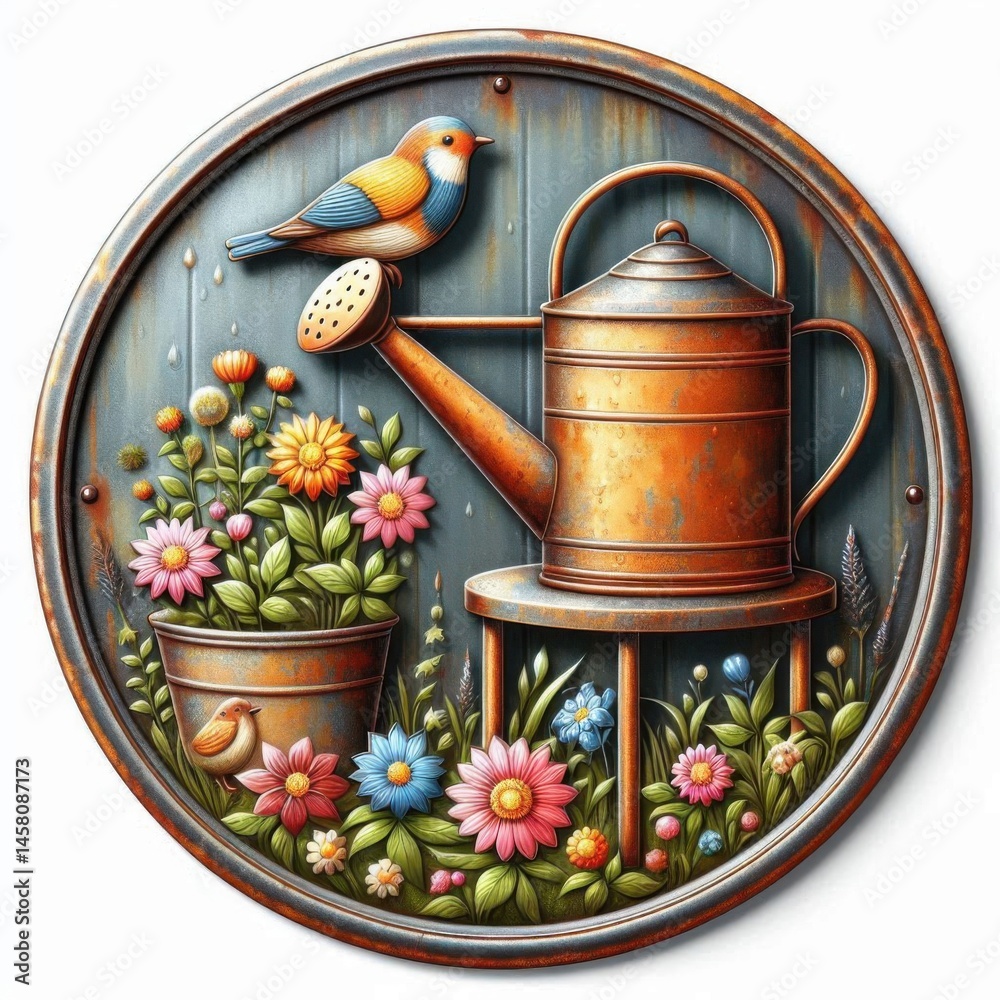 Gardening action with colorful flowers and watering can outdoor garden illustration vibrant nature scene