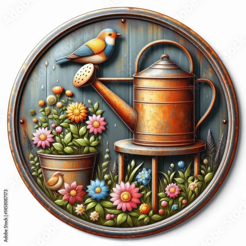 Obraz na płótnie Gardening action with colorful flowers and watering can outdoor garden illustration vibrant nature scene w salonie