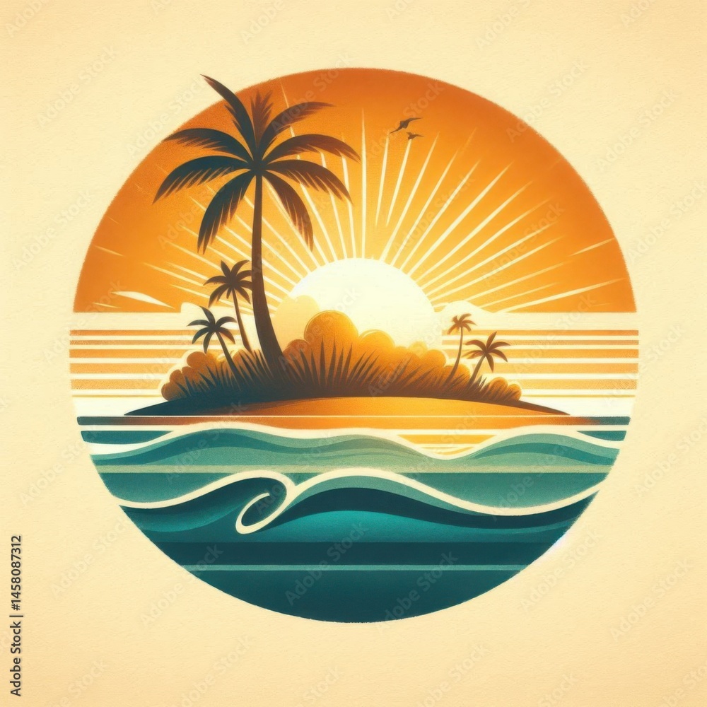 Tropical sunset island scene serene beach digital artwork warm colors panoramic view nature vibes
