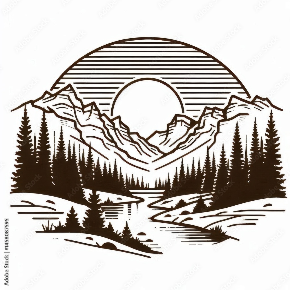 Majestic mountain landscape scene tranquil river valley nature illustration serene environment artistic viewpoint