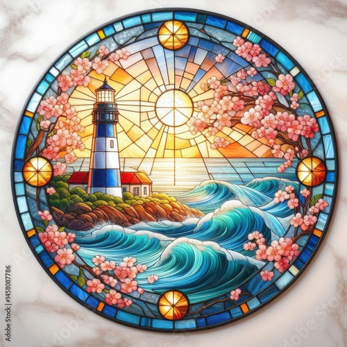 Lighthouse illuminating waves during sunset stained glass art coastal scene vibrant colors artistic perspective