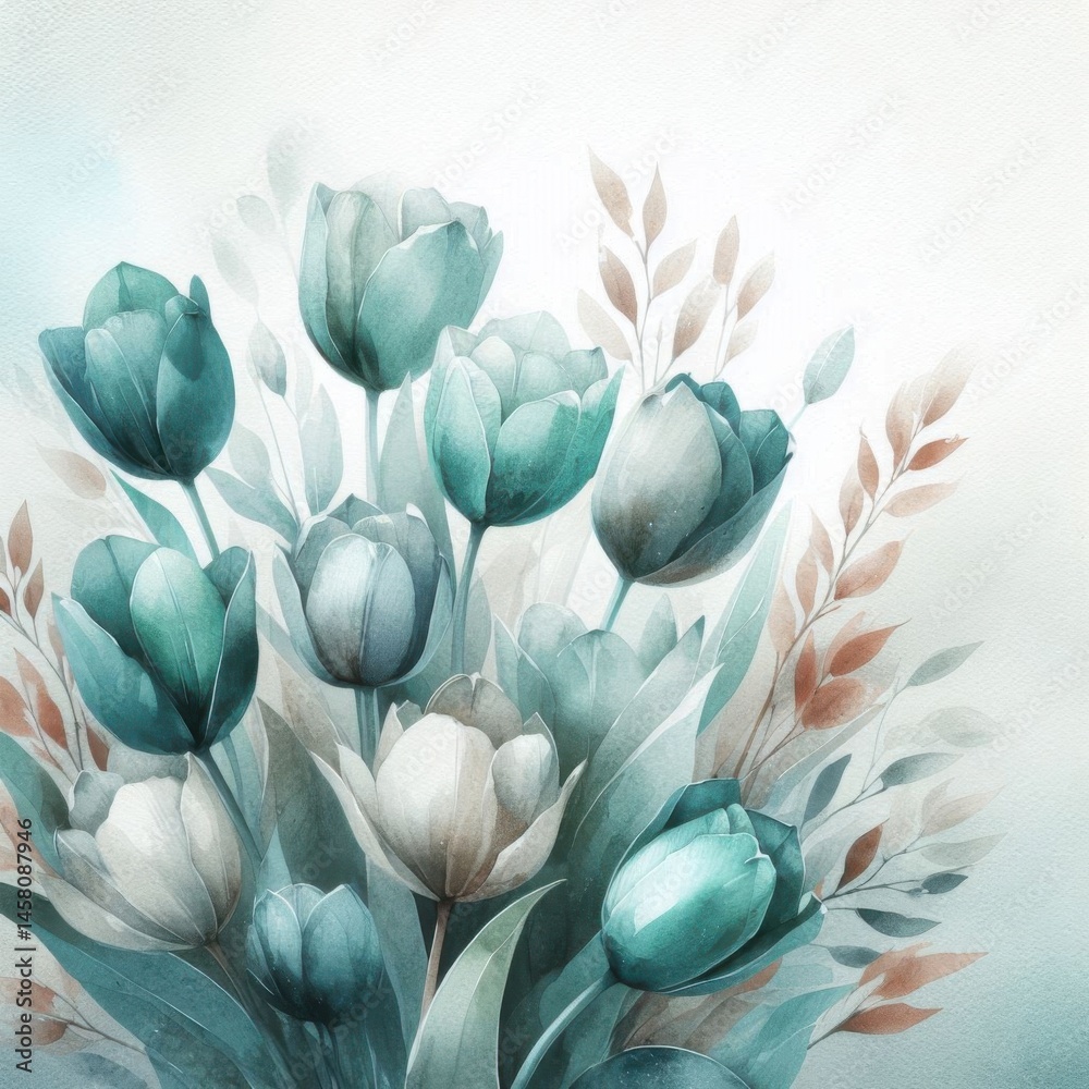 Floral arrangement displaying tulips art gallery digital illustration serene environment close-up botanical beauty