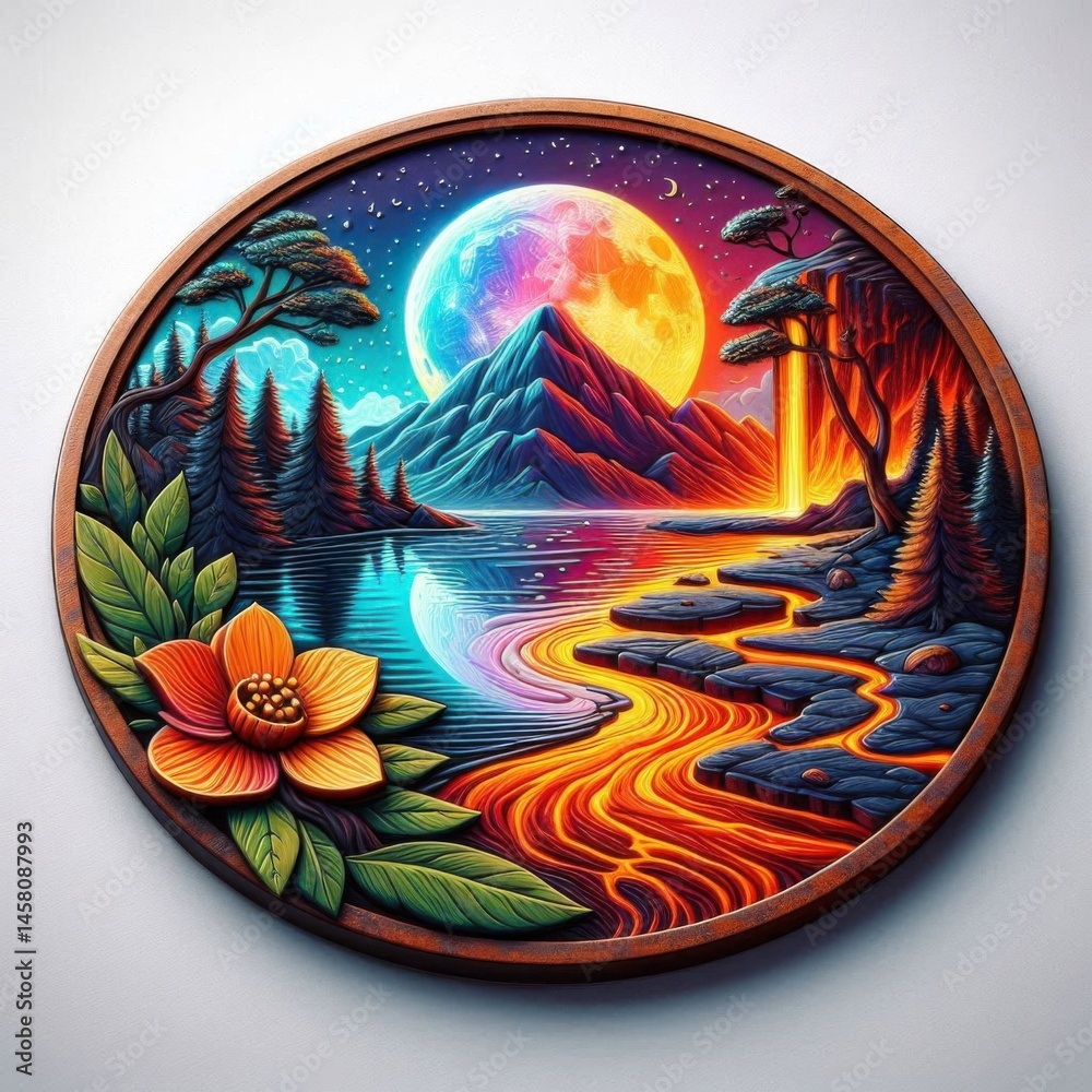 Colorful fantasy scene nature's lava flow and celestial wonders in artistic design