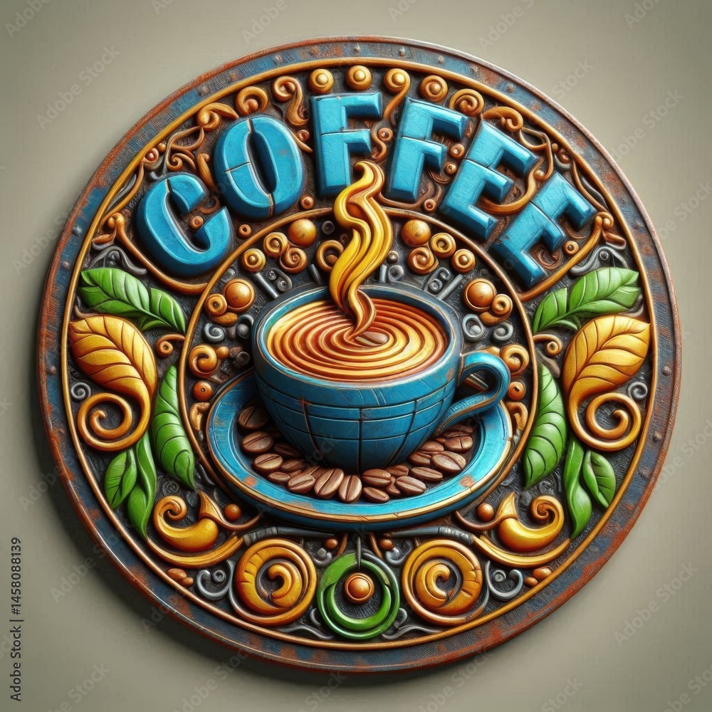Showcasing artistic coffee emblem wall decor colorful design cozy atmosphere close-up view coffee culture