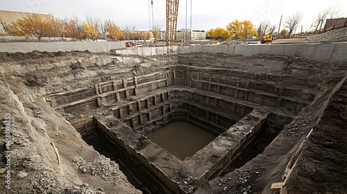A large deep excavation site shows soil layers and wooden supports du urban construction project development.
